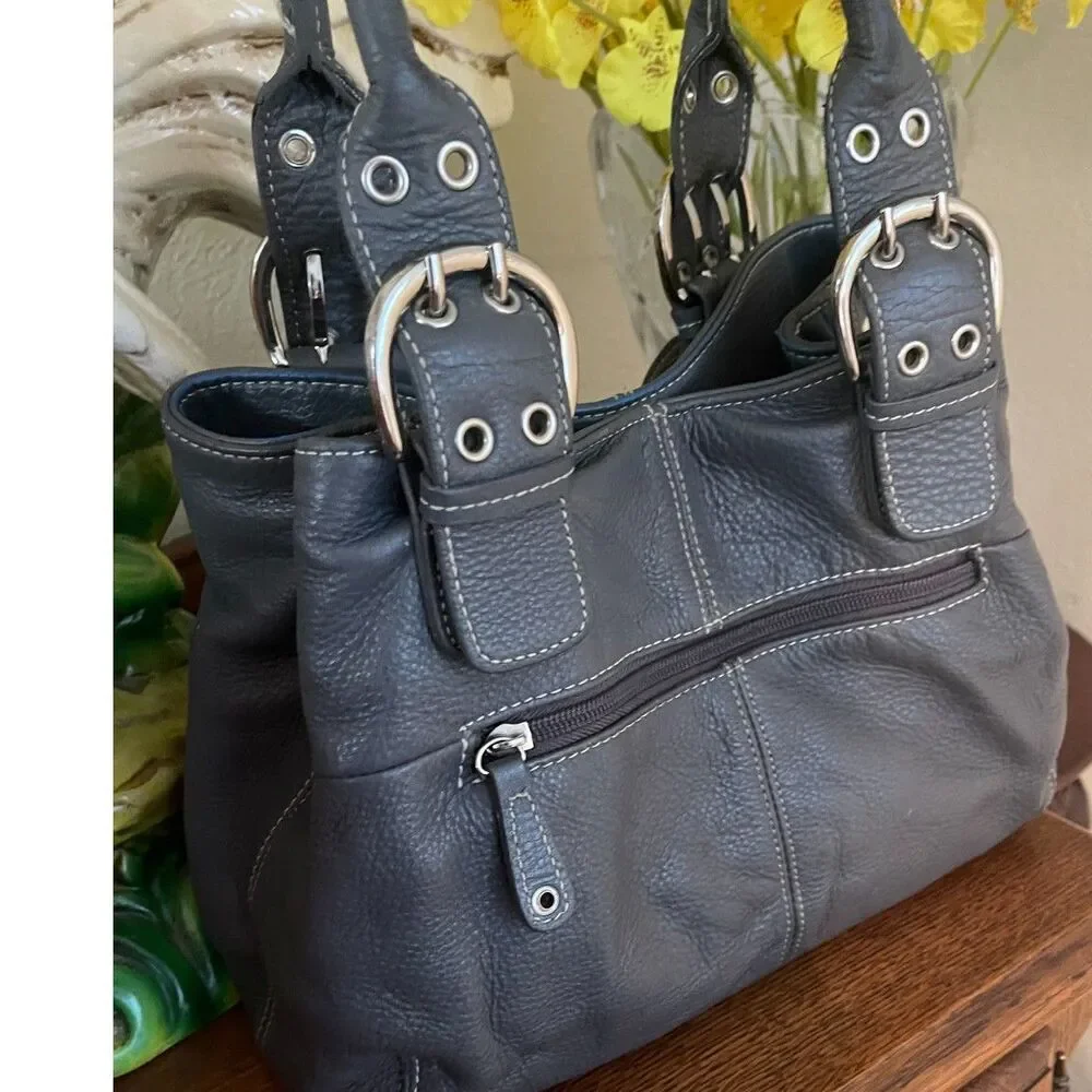 TIGNANELLO Medium Gray Pebbled Leather Shoulder Tote Satchel Purse Bag GUC